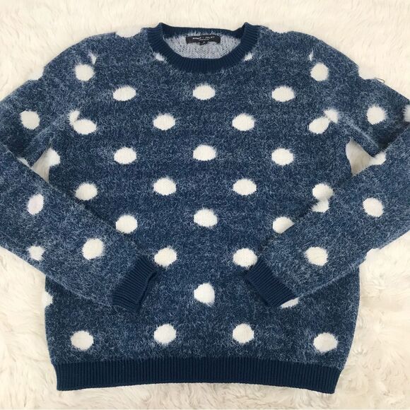 R+J Couture Navy White Polka Sot Fuzzy Sweater Pullover‎ Crewneck Size Medium - Picture 3 of 9